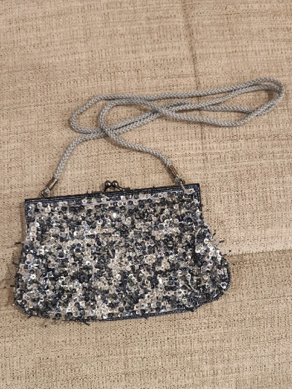 Sequined Evening Shoulder Bag in Black and Silver - Picture 2 of 6
